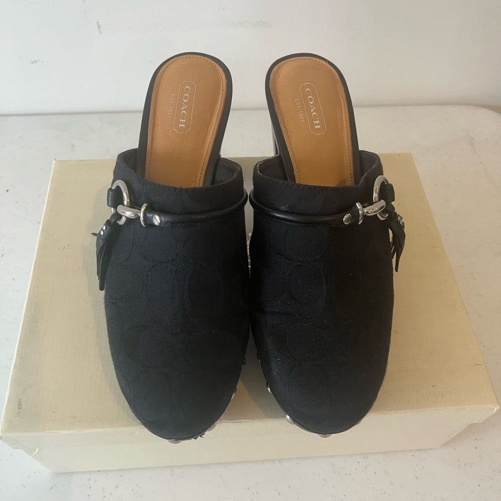 Coach Black Chunky Heel Mules 3 inch heel